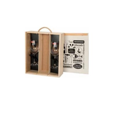 Caja de Madera 1BT + 2 Copas Vino